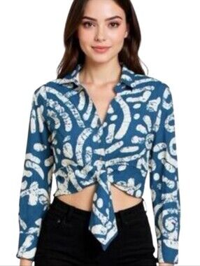 Haute Hippie Linen Blend Abstract Beachy Long Sleeve Tie Waist Top. Size Large